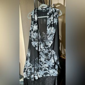 Dress Barn Black and Greys floral waterfall style long vest
